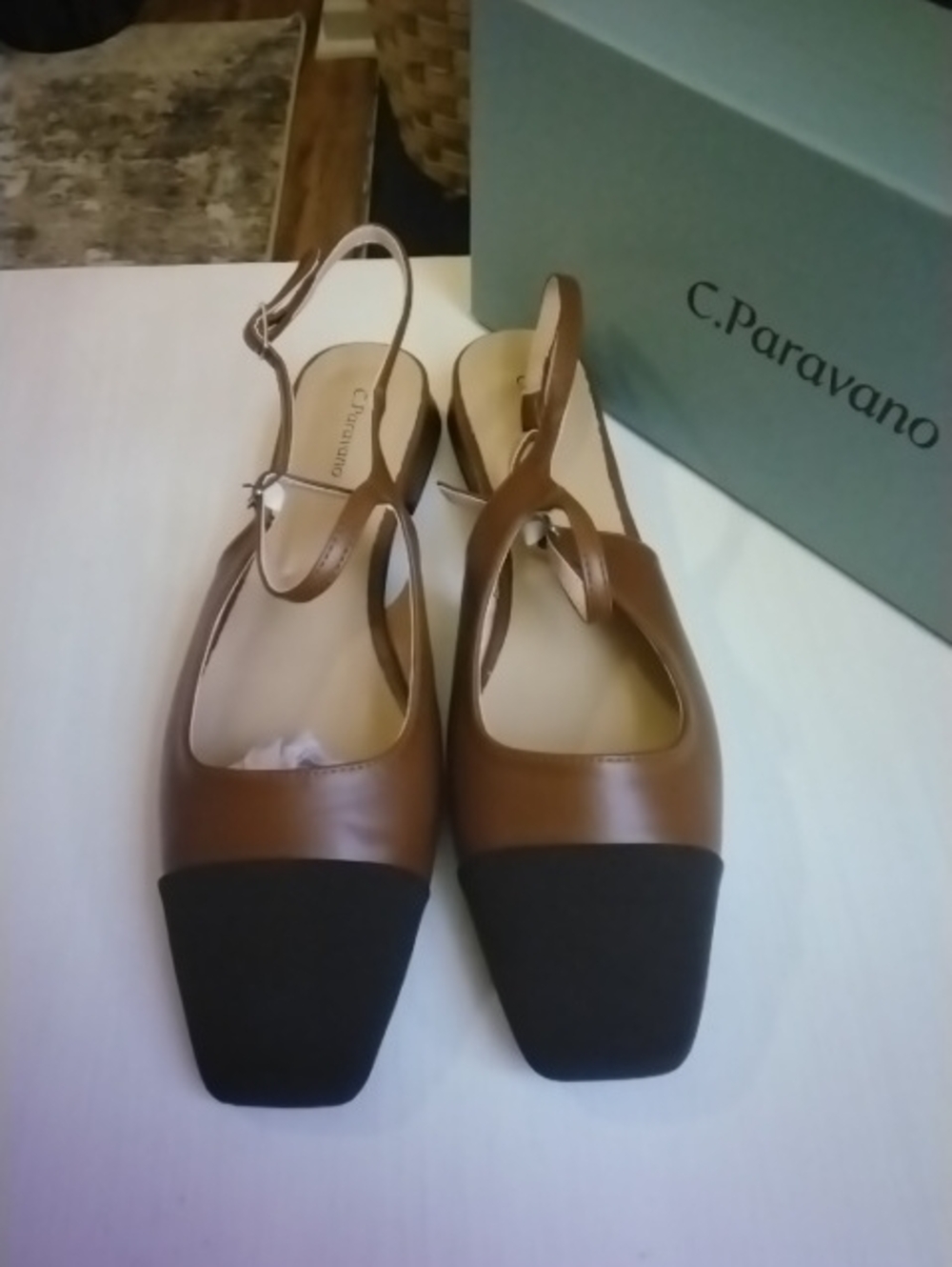C.Paravano Two-Tone Brown and Black Slingback Flats